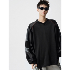 可二开美式POLO衫大码M-5XL拼接V领球衣长袖T恤男CX78111P45控69，男装Polo衫，星座226-1