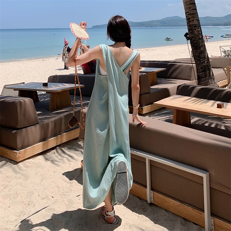 现货薄荷曼波麻料后背交叉长款连衣裙度假显白2C220-P130K188,女装连衣裙,2C220