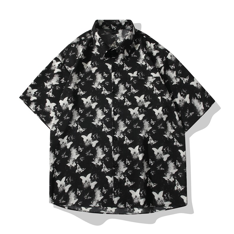 b413-1-CS340冰丝蝴蝶印花短袖衬衫男夏季痞帅休闲衬衣男,男装衬衫,电商B413-1