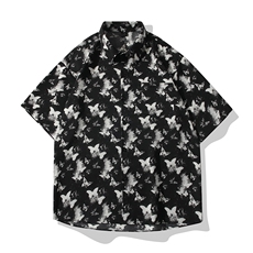 b413-1-CS340冰丝蝴蝶印花短袖衬衫男夏季痞帅休闲衬衣男，男装衬衫，电商B413-1