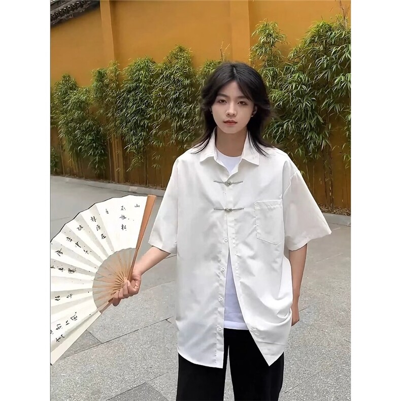 新中式男装风金属扣短袖衬衫男高级感民学生装衬衣薄款外套,男装衬衫,星座506A