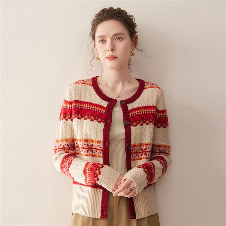 2025秋冬百搭时尚简约厚款费尔岛羊绒开衫，女装羊绒衫，珍丝贝尔