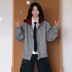 抖音得物高品质秋冬美式高街重磅结构双层双面连帽卫衣外套XS107，女装短外套，电商A486-1