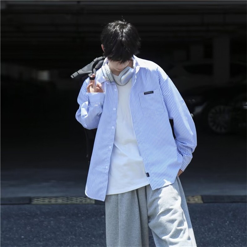 设计感条纹衬衫男长袖宽松寸衫痞帅港风日系休闲衬衣外套S220-P30,男装衬衫,星座1008-2