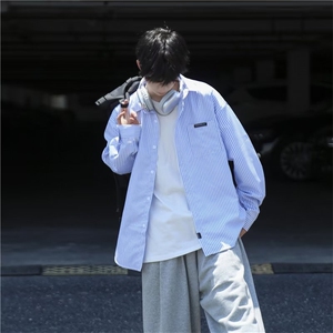 设计感条纹衬衫男长袖宽松寸衫痞帅港风日系休闲衬衣外套S220-P30图片