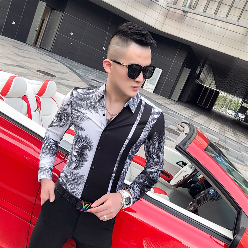 2021春秋衬衫社会男长袖上衣印花男装韩版修身四季潮流衬衣Q840-P55,男装衬衫,星座419（原A233）