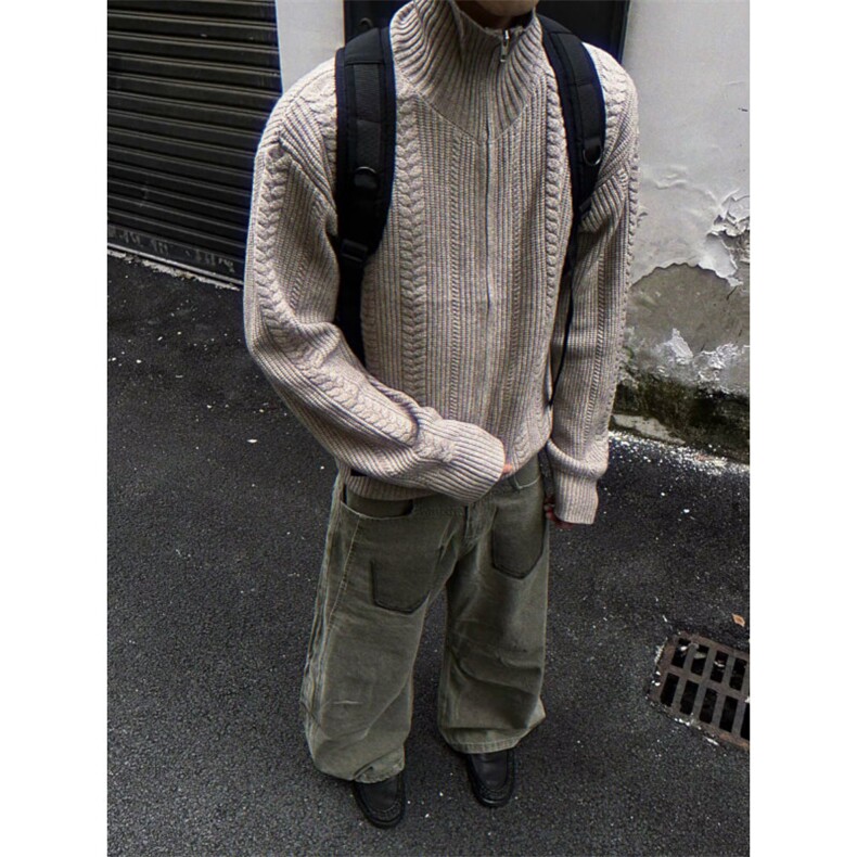 气质ins原宿新款慵懒流行潮流麦穗绞花拉链毛衣简约时尚文艺百搭，男装针织衫/毛衣，星座506A