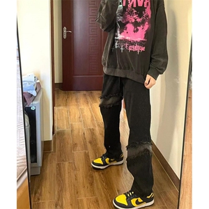 欧美高街vibe裤子男秋冬季流苏拼接牛仔裤直筒休闲裤 N8150图片