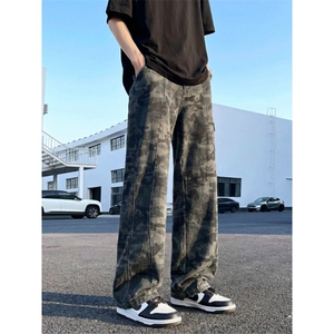 美式复古迷彩牛仔裤男春秋新款潮牌痞帅炸街裤子直筒伐木工装长裤图片