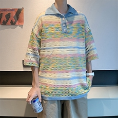 夏款男短袖POLO领彩色条纹扎染镂空T恤衫T6007P40，男装T恤，星座1013-1