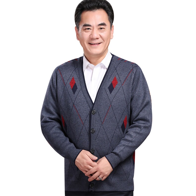 2024秋冬新款中老年男款V领菱形拼色纽扣开衫,男装羊绒开衫,衣恋羊绒