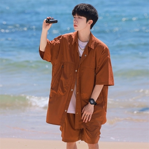 夏季套装男高品潮牌五分袖衬衫短裤大码两件套DSA157B-C68-P90图片