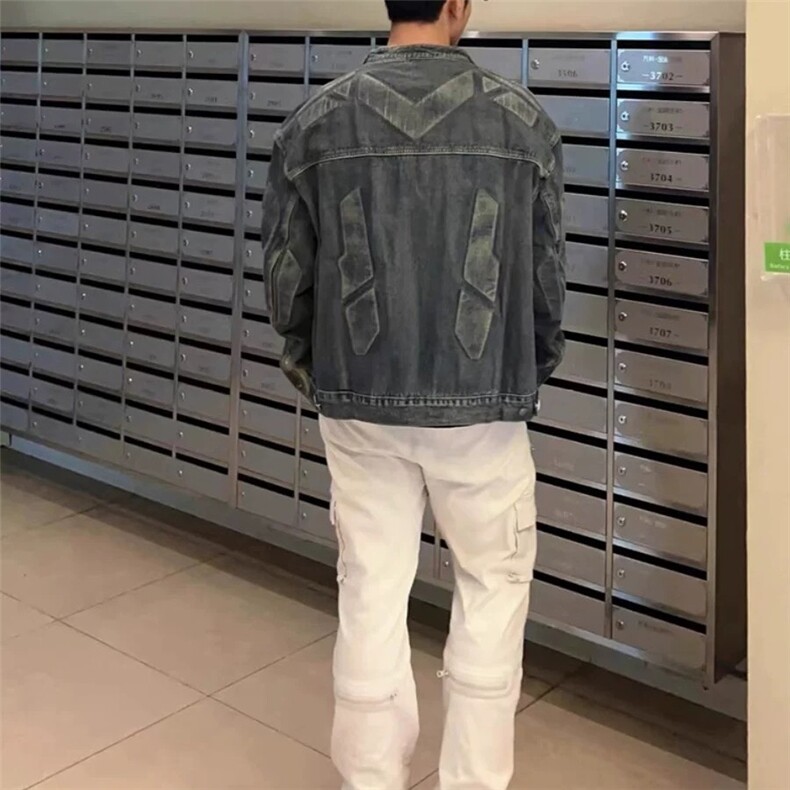美拉德潮牌复古水洗做旧牛仔外套男女高街百搭浮雕异形机甲夹克秋图片