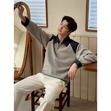 松弛感翻领拼接卫衣POLO衫男士秋季穿搭痞帅设计感长袖上衣打底衫，男装T恤，星座506A