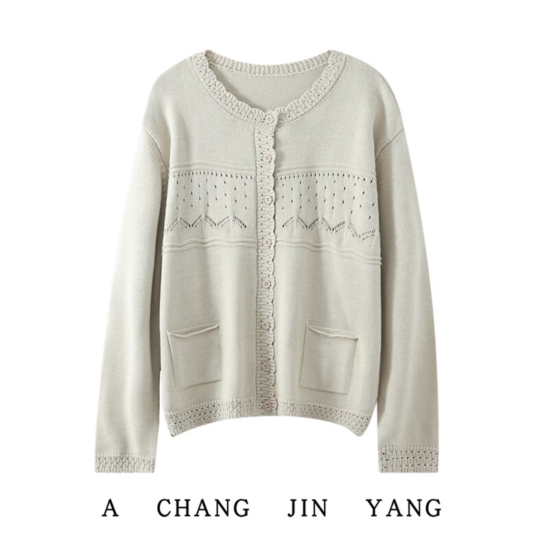 2025年秋季通勤单件常规长袖长袖圆领单排扣花边开衫，女装针织衫/毛衣，丹芙娇羊绒