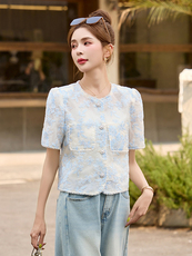 时尚名媛香风轻奢重工刺绣薄款短袖上衣女2025夏新中式国风外套，女装短外套，伊仟回
