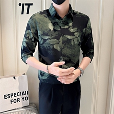 咖店主风社会小伙男士七分袖印花衬衫男衬衣301A-1/CS585/P55，男装衬衫，星座301A-1