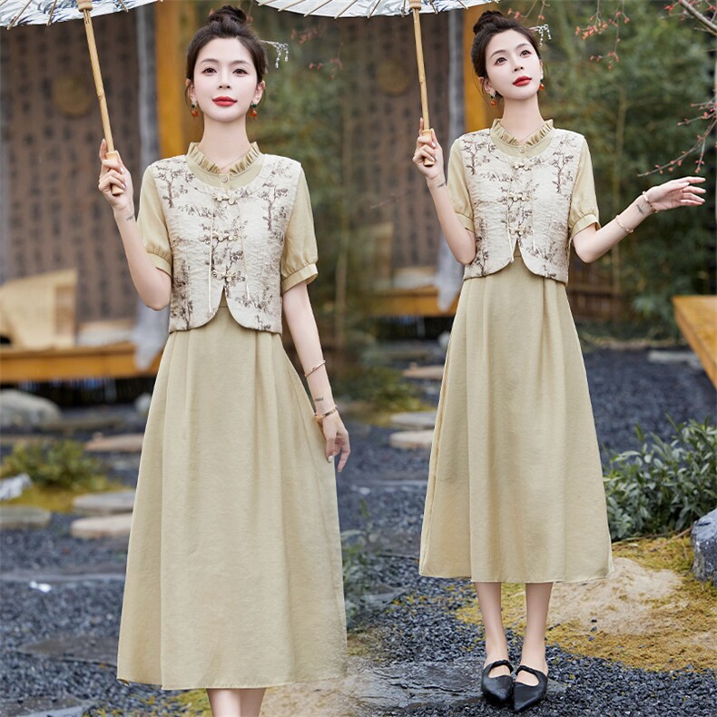 2024夏装新款新中式套装裙女时尚气质盘扣马甲连衣裙两件套，女装连衣裙，星期衣