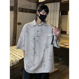新中式风短袖T恤男女金属扣高级感竹叶刺绣改良汉服中山唐装图片