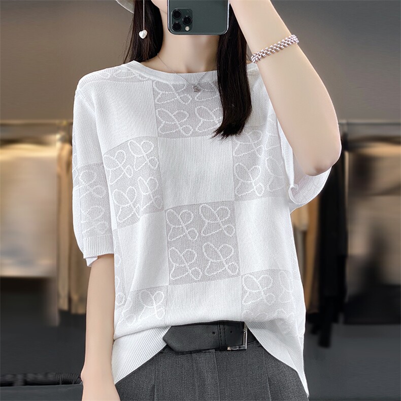 新款简约亲肤针织圆领花纹针织短袖基础百搭，女装针织衫/毛衣，欣美羊绒