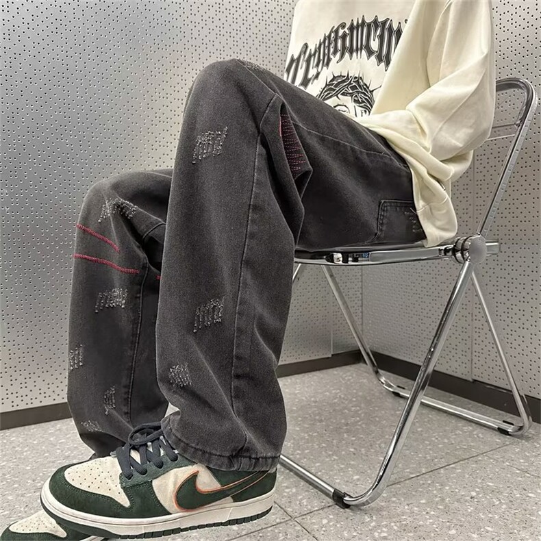 欧美vibe裤子男新款潮痞帅炸街牛仔裤设计感宽松直筒裤N1533-P43,男装牛仔裤,星座1008