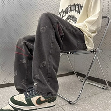 欧美vibe裤子男新款潮痞帅炸街牛仔裤设计感宽松直筒裤N1533-P43，男装牛仔裤，星座1008