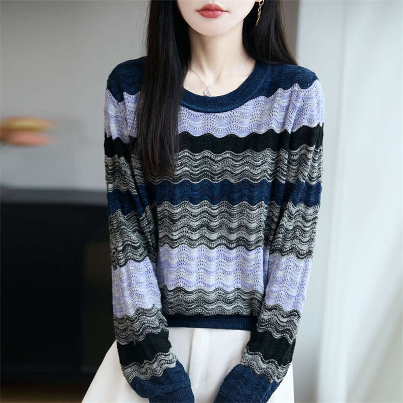 多色波浪纹针织衫女2025早秋精纺薄款休闲减龄长袖打底上衣毛衫潮,针织衫/毛衣,唐诺