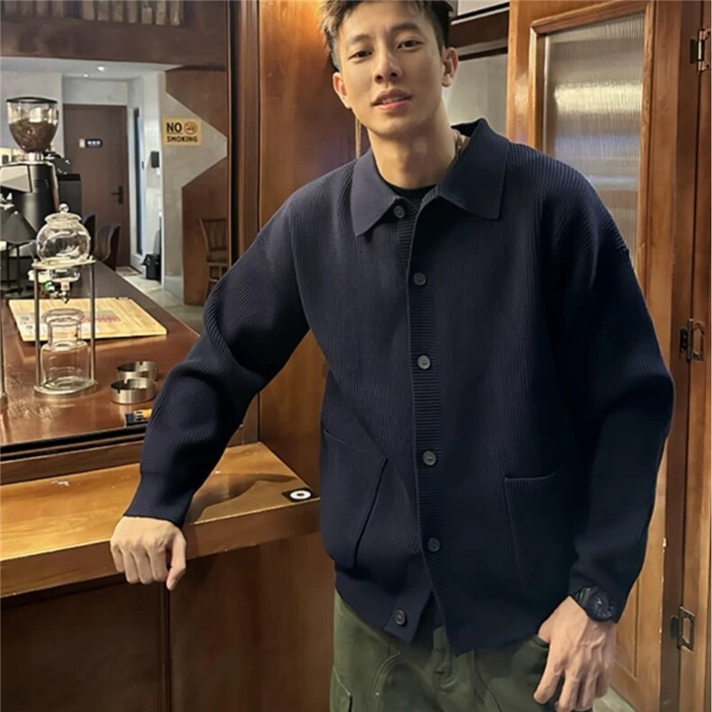 早秋新款藏青色开衫翻领毛衣休闲chic简约文艺纽扣针织衫男,男装针织衫/毛衣,星座1013-1