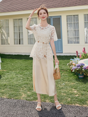 2025夏装新款气质蕾丝钩花小衫搭配垂感吊带连衣裙两件套显瘦裙子，女装套装/套裙，时尚风爆