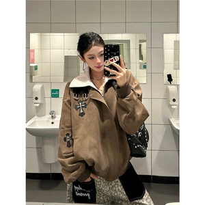 美式十字架贴皮刺绣翻领外套2026新款男女潮牌宽松撞色拼接夹克图片
