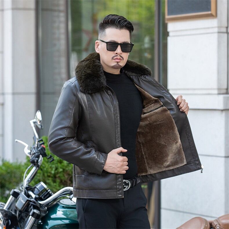 男装加肥加大加绒加厚皮毛一体大翻领外套保暖中年年皮夹克休闲装,男装夹克,钱塘6003（原4033）