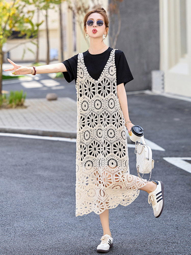 慵懒松弛感连衣裙女夏季2025新款韩版宽松遮肚显瘦蕾丝裙子两件套,女装套装/套裙,丽美静依