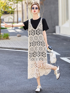 慵懒松弛感连衣裙女夏季2025新款韩版宽松遮肚显瘦蕾丝裙子两件套图片
