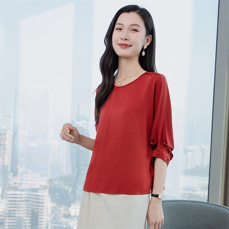 真丝上衣女中袖丝绸真丝t恤衫五分袖圆领妈妈宽松大码短袖小衫,女装衬衫,阿舍尔精品