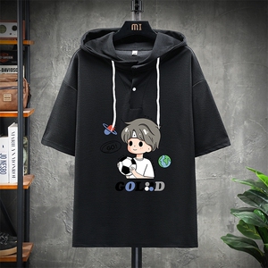 LD54207-P45 连帽短袖t恤男大码胖子带帽五分袖中袖 展架图片
