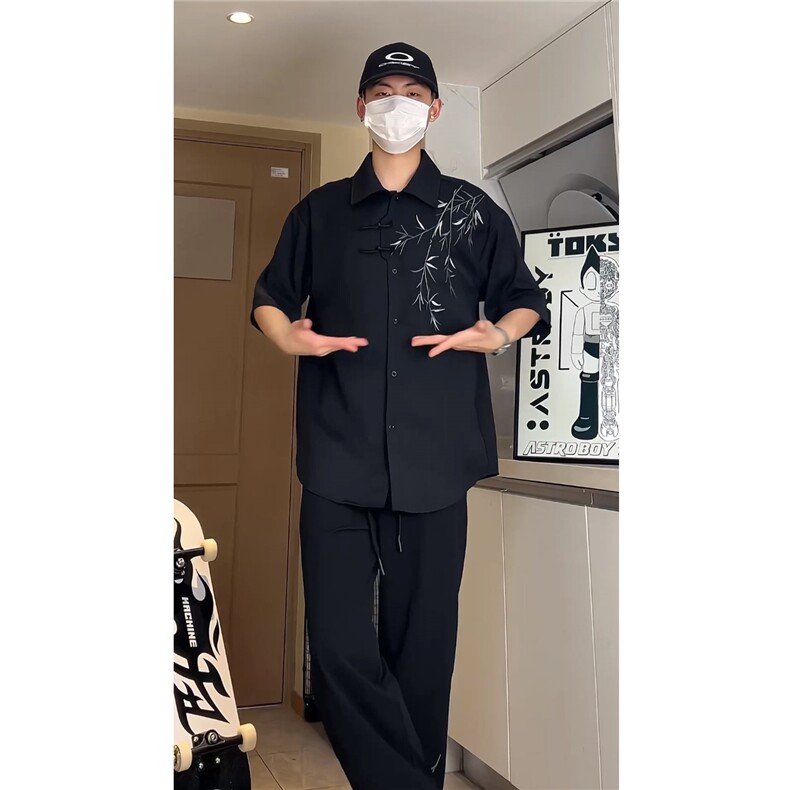 新中式男装风刺绣竹子短袖衬衫男款七分袖衬衣1007-H60-特P35,男装衬衫,星座1007（原301D）