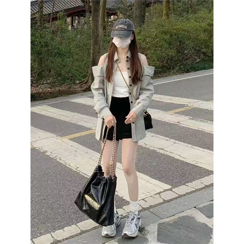 2025春夏新款露肩上衣复古宽松慵懒风气质薄款条纹长袖衬衫女ins,男装衬衫,星座1210-1