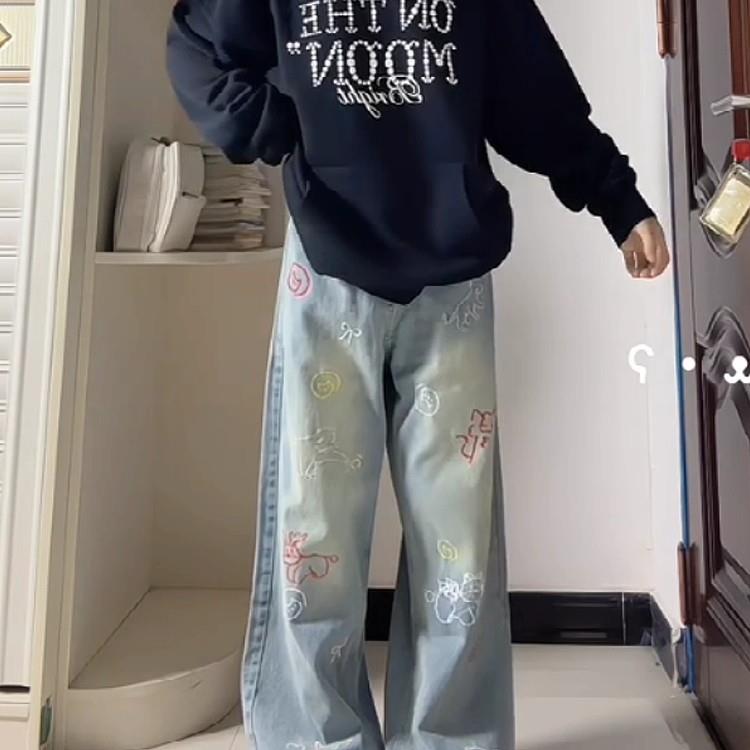 工装卡通印花牛仔裤男女款秋冬美式高街设计感裤子直筒弯刀微喇裤,男装牛仔裤,四季星座505