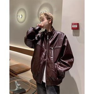 皮衣外套男春秋季美式高街痞帅风立领工装机车皮夹克图片