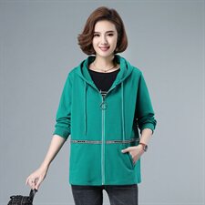 2021春秋装新品连帽纯棉女士外套40-49周岁纯色全棉上衣自主图，女装短外套，伊满意