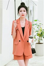时尚气质橙色短袖西装套装女夏季新款韩版显瘦休闲两件套职业装，女装套装/套裙，秋水欣儿