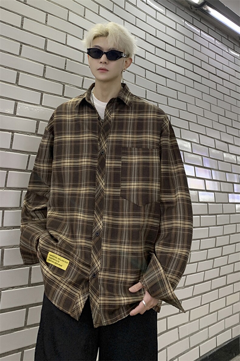 港风大码美式复古贴袋格子翻领长袖衬衫男XZ213-CS8805-P55控68,男装衬衫,星座213
