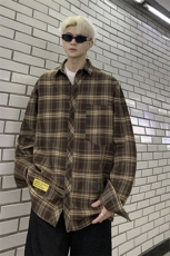 港风大码美式复古贴袋格子翻领长袖衬衫男XZ213-CS8805-P55控68，男装衬衫，星座213