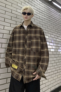 港风大码美式复古贴袋格子翻领长袖衬衫男 XZ213-CS8805-P55控68图片