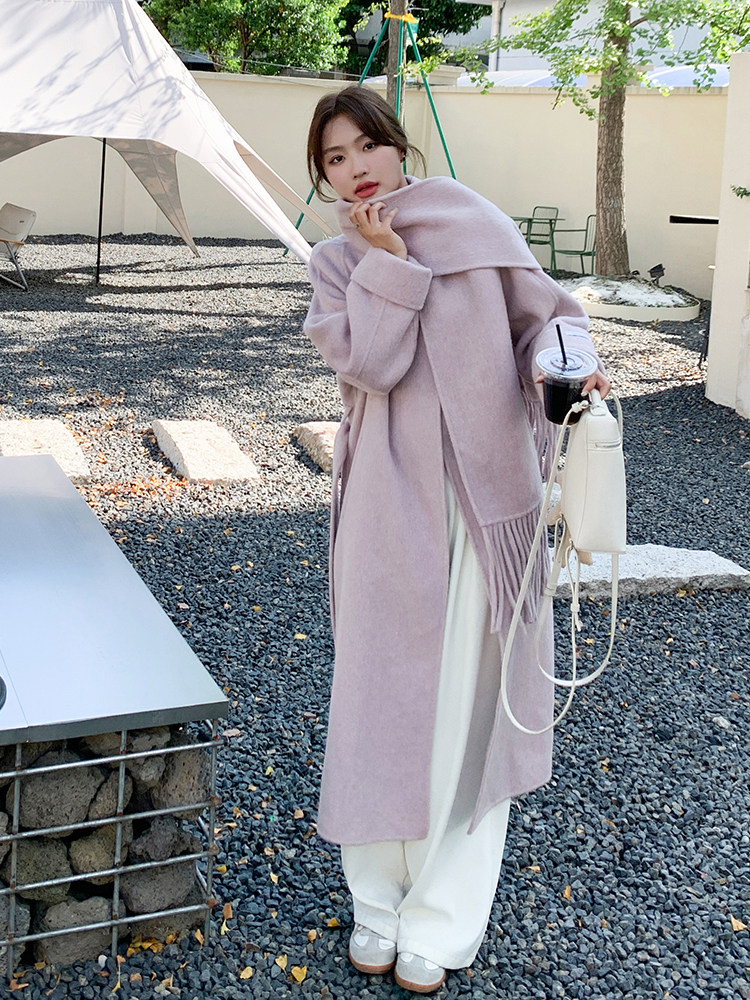 现货手工缝制70羊毛双面呢大衣配围巾210-651-P270-K398,女装双面呢大衣,韩蜜菓