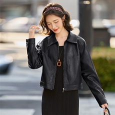 2025海宁秋款皮衣外套女长袖短外套女秋立体小翻领夹克上衣送丝巾，女装皮衣，江南女神