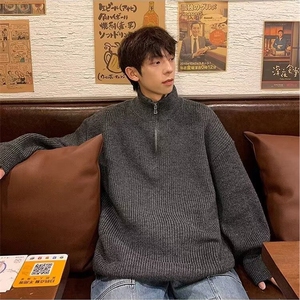 抖音得物 保暖立领拉链针织外套秋冬宽松慵懒风纯色毛衣上衣AM01图片