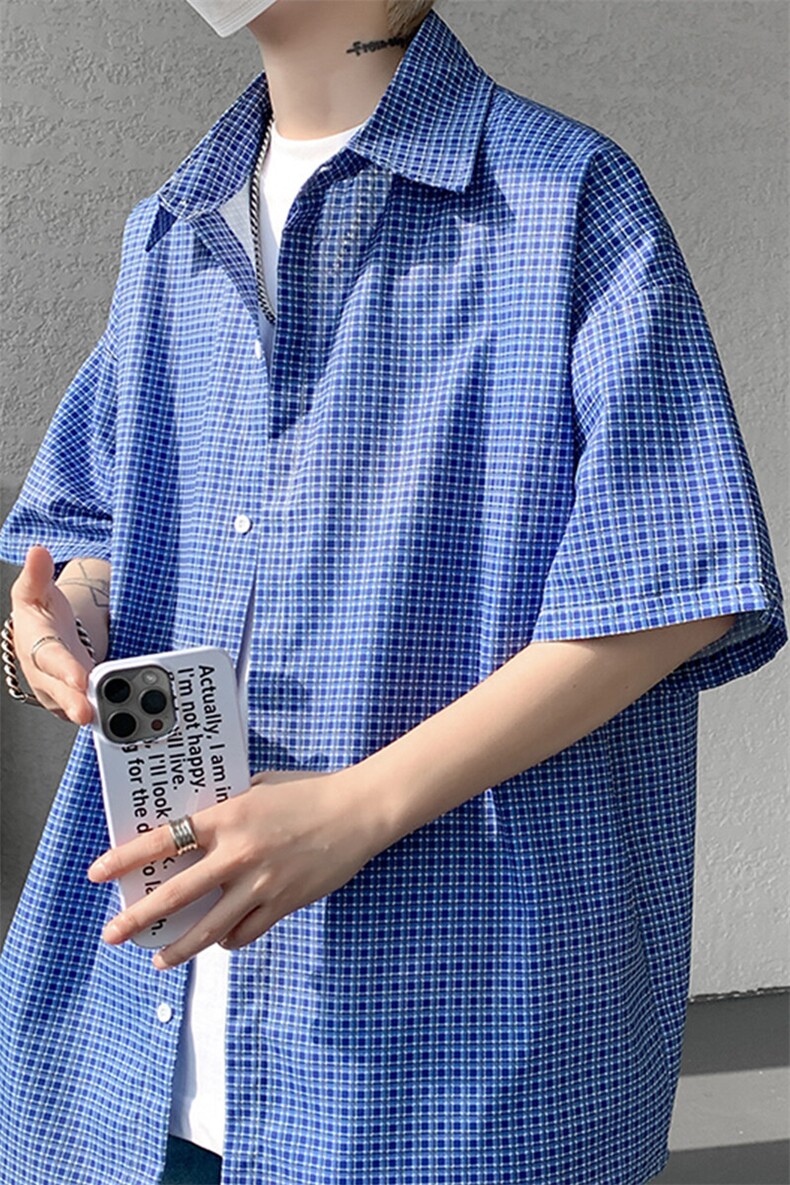 8XL-M短袖衬衫男夏宽松慵懒风痞帅条纹格子衫半袖外套DC28005P40,男装衬衫,电商B312