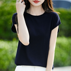 圆领短袖t恤女2025夏季新款薄款卷边宽松冰丝针织上衣，女装T恤，羿纯羊绒高端店