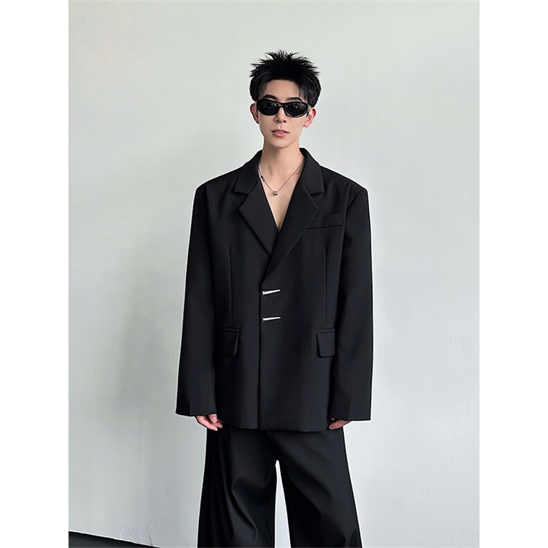 廓形痞帅黑色西装外套男高级感金属扣垫肩休闲西服XZ24P118,男装西服套装,星座512-1（原513-3）